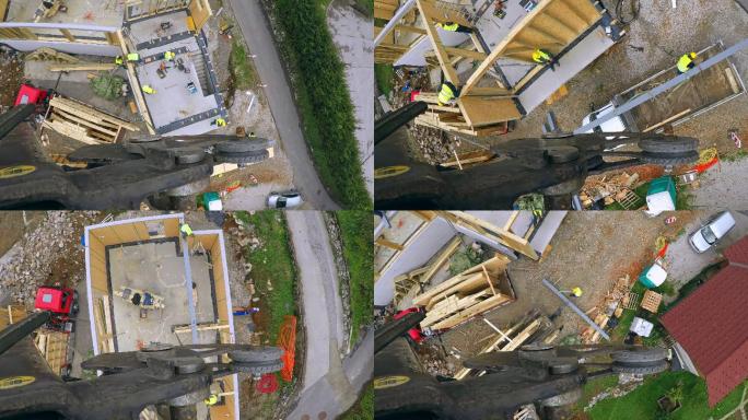 POV延时起重机在预制木质部件建造的房屋施工现场