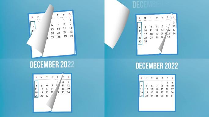 2022年12月日历翻页动画，蓝色背景，4K分辨率
