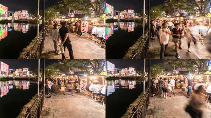 时过境迁：日本福冈博多县亚泰中加河美食摊的游客群
