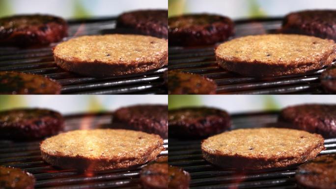 烧烤烤架上烤纯素汉堡肉饼超慢镜头视频
