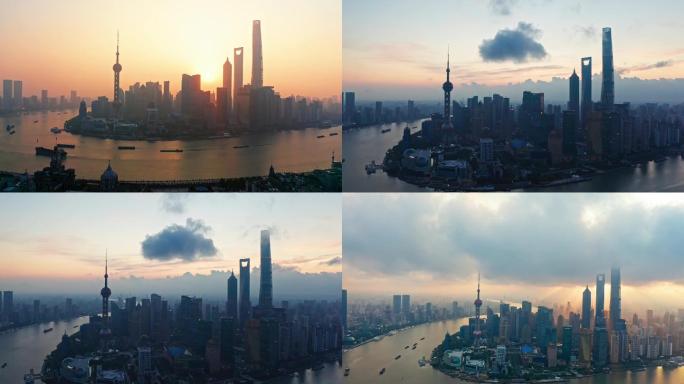 4K 上海陆家嘴复工 日出平流雾航拍视频