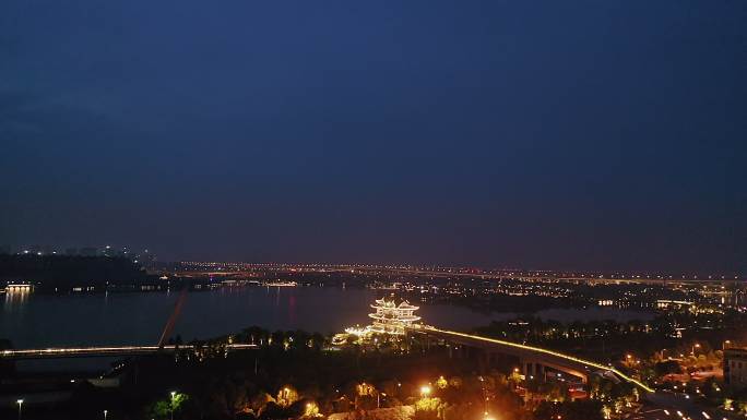 绍兴迪荡湖公园亭台楼阁建筑夜景,公园全景