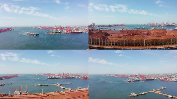 山东港口航拍日照港集装箱码头货船4K