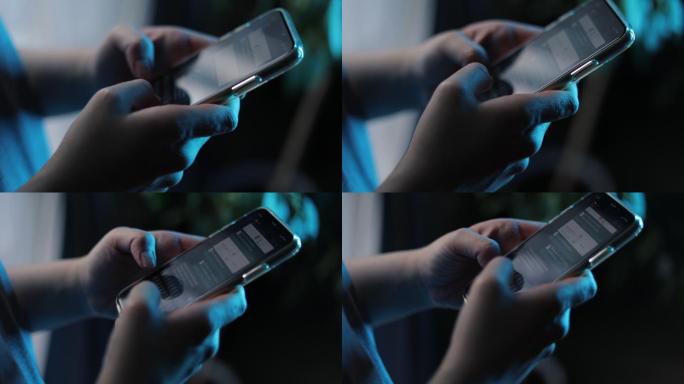 使用手机短信的女性，女性手部打孔和使用手机的特写镜头