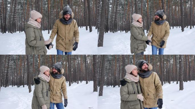 一对新婚夫妇在雪林中冬日漫步时的有趣谈话