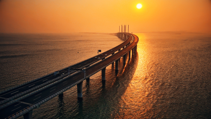 青岛胶州湾跨海大桥夕阳落日高清航拍