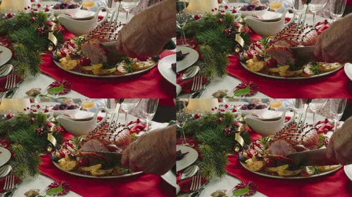 一家人正在享用圣诞晚餐，配上带丁香的上釉假日火腿、蔬菜、肉馅饼和蛋酒橘子馅饼