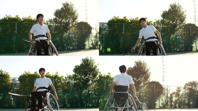 一名青少年适应性运动员在轮椅上打网球的SLO MO广角镜头