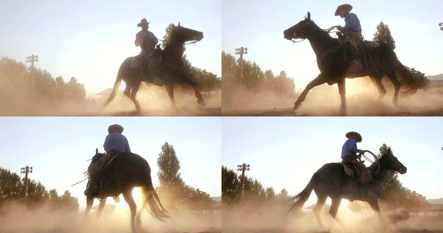 日落时骑着马的牛仔