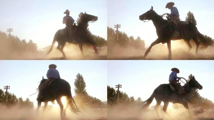 日落时骑着马的牛仔