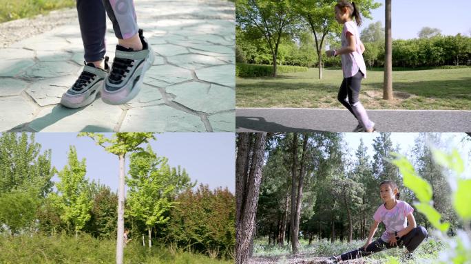 升格慢镜头夏季在公园跑步晨练的东方女孩