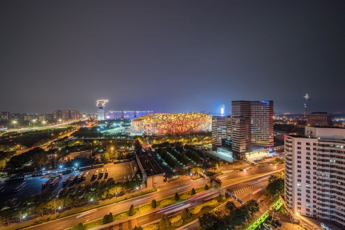 北京鸟巢奥林匹克公园夜景摇头延时摄影
