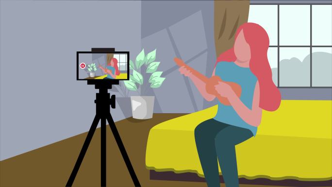 当科罗纳检疫日卡通插画时，在家里和社交媒体现场演唱。弹吉他、娱乐和消磨时间的概念。4K分辨率，可循环