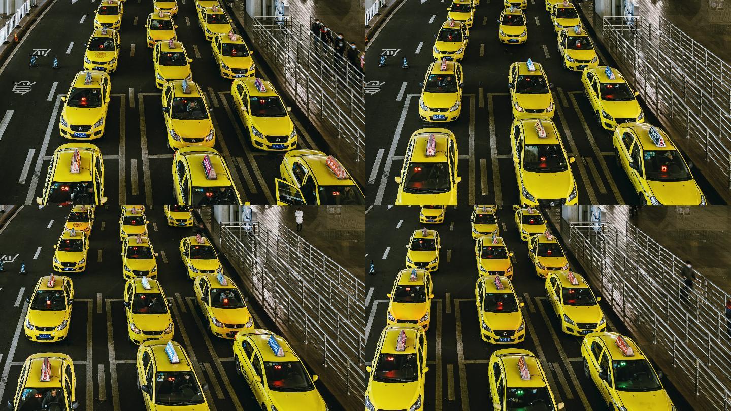 机场出口处，电汇盘繁忙的黄色出租车排队