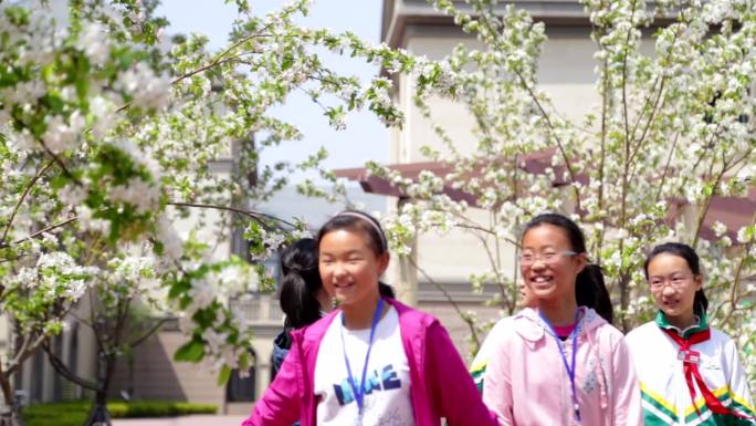 一群女孩子陶醉在春天花团锦簇的校园里