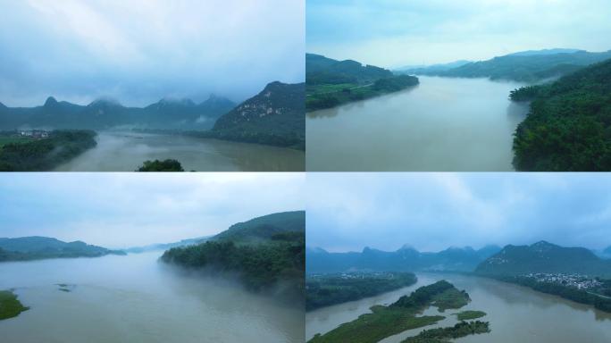 大雨过后江面起雾美丽风景