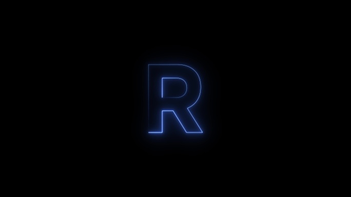蓝色霓虹字体字母R大写在一段时间后出现。黑色背景上的动画蓝色霓虹字母符号。股票视频