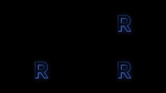 蓝色霓虹字体字母R大写在一段时间后出现。黑色背景上的动画蓝色霓虹字母符号。股票视频