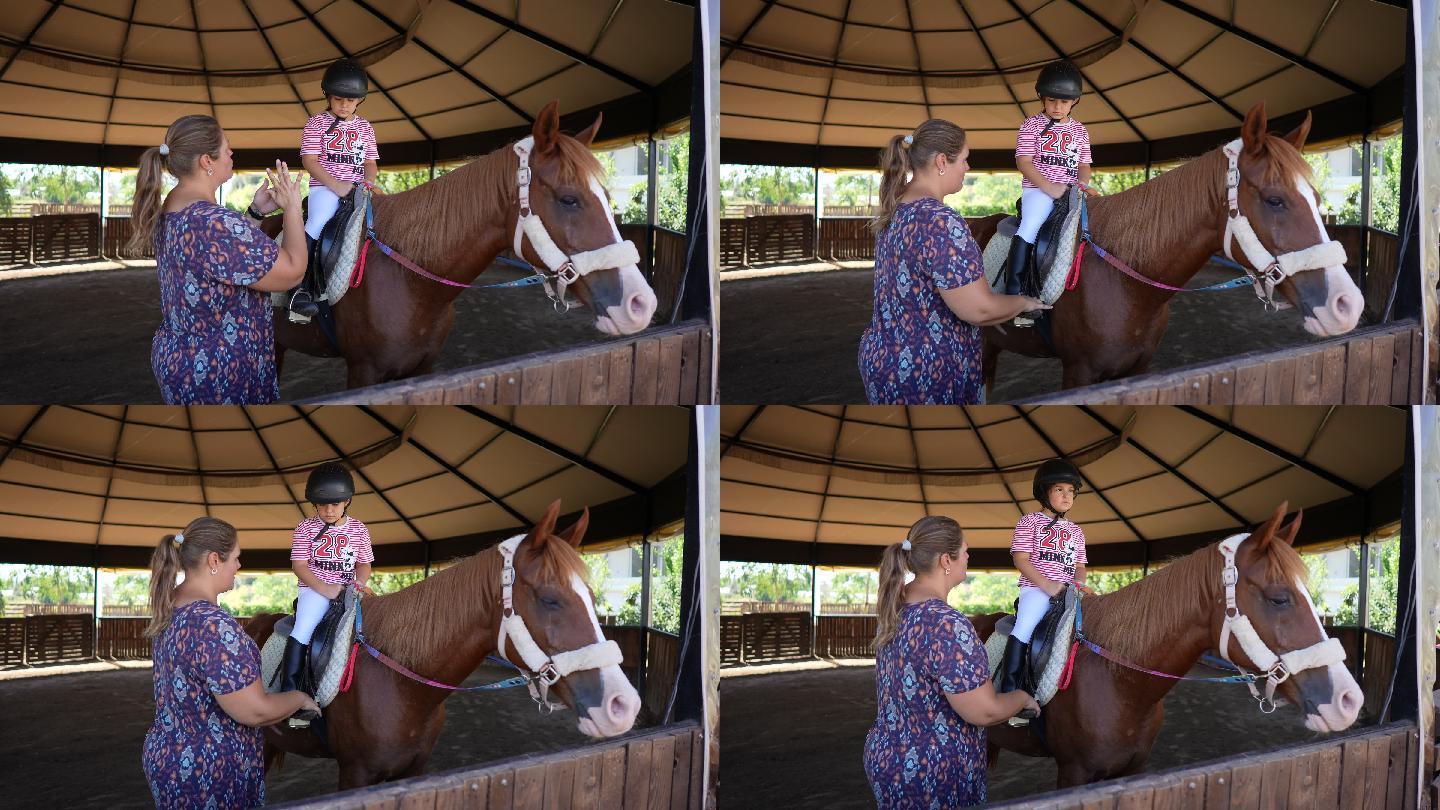 一个快乐的女孩在私人中心上骑马课。