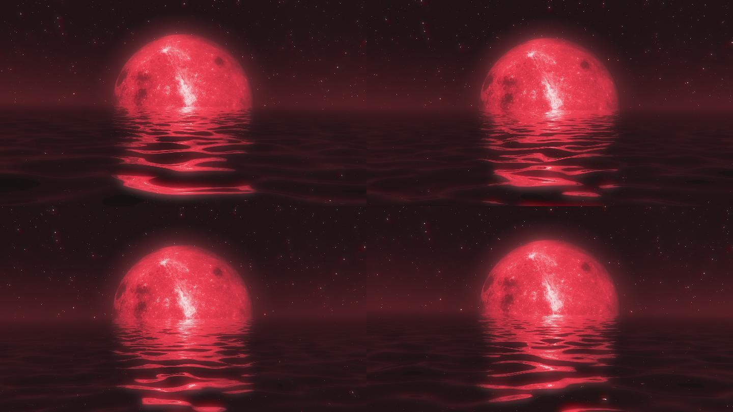 超现实的，平静海面上的满月。红灯