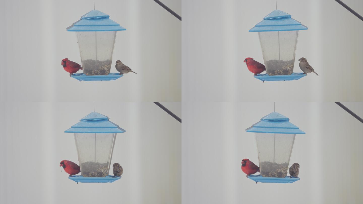 红雀和麻雀吃鸟食器