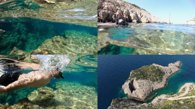希腊Zakynthos男子在海上享受暑假和游泳的4K视频