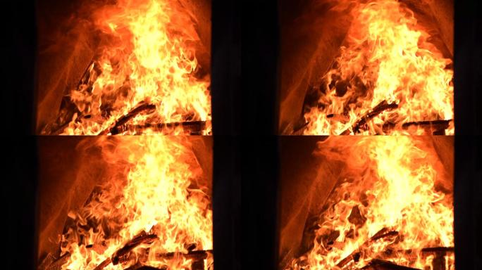 用木柴和火焰燃烧的壁炉