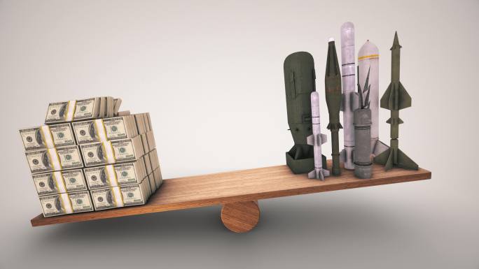 美元和军用导弹在木制跷跷板上保持平衡。动画两边都变慢了你可以停在一边你选择全球经济的概念金融业务平衡