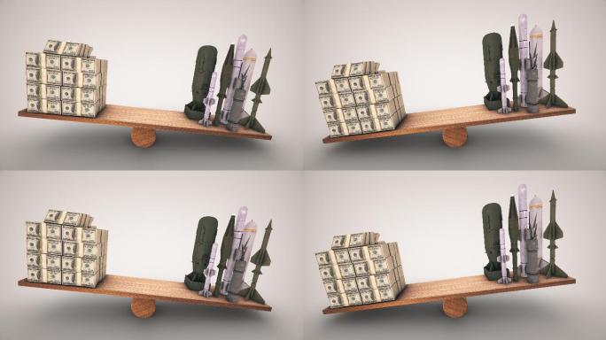 美元和军用导弹在木制跷跷板上保持平衡。动画两边都变慢了你可以停在一边你选择全球经济的概念金融业务平衡
