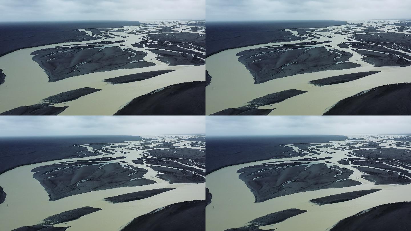 冰岛冰川河曲线和黑砂的鸟瞰图