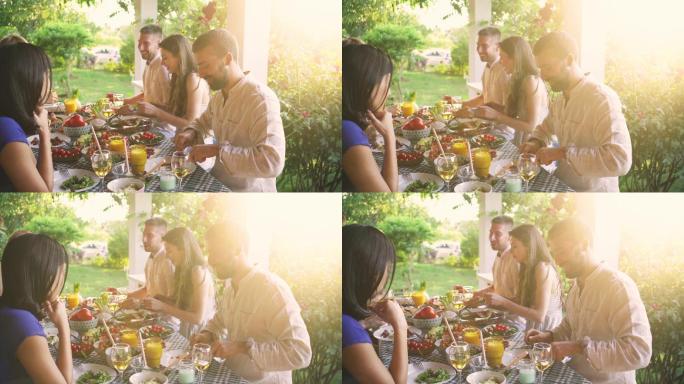 在一个清新的夏日，一群高加索朋友在花园派对上享用美食