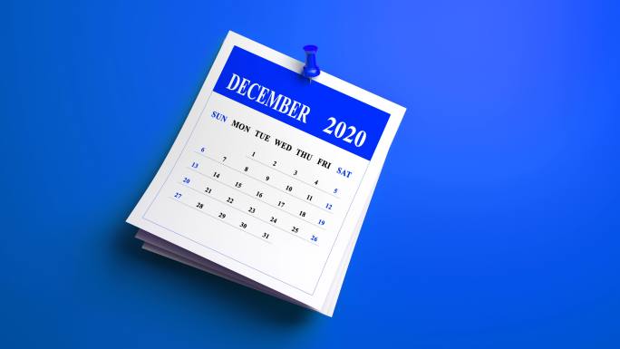蓝色背景上的循环12月日历页2020年