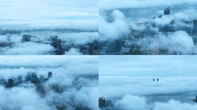 航拍杭州城市平流雾4K