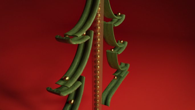 3D圣诞树玩具，金球、绿色栏杆和红色背景