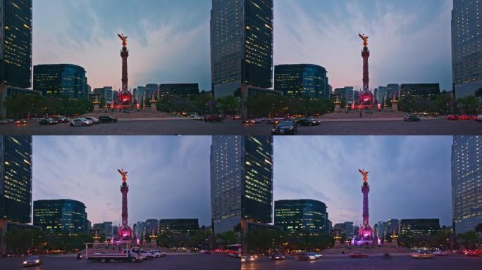 墨西哥城：墨西哥城市中心改革广场上的独立天使雕像的时间点视图。