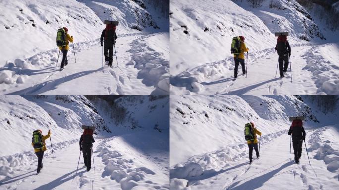 背包客徒步穿越登山雪地徒步