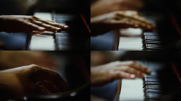 现场活动爵士乐音乐会：手弹钢琴的特写镜头
