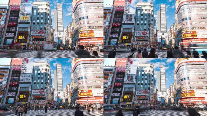 4K延时：缩小日本东京哥斯拉路新宿区购物街上的交通和人群