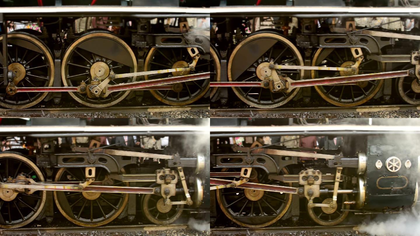 蒸汽机车移动蒸汽车金属车轮白色烟雾