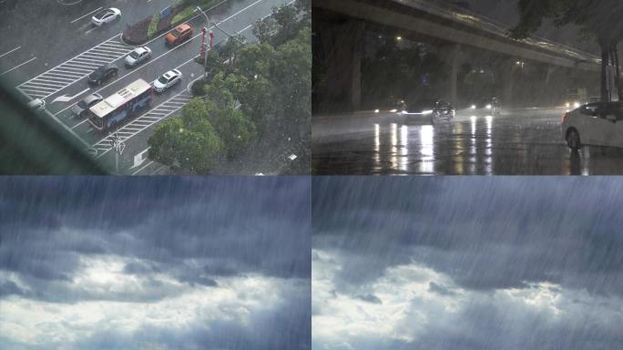 下雨城市行人暴雨大雨小雨延时