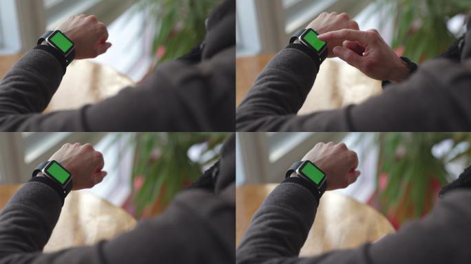 办公室佩戴chroma键绿色屏幕智能手表的女性特写镜头