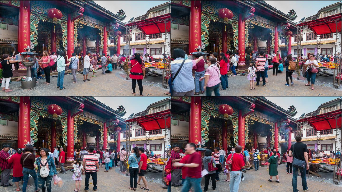中国寺庙举行仪式的人群时间推移