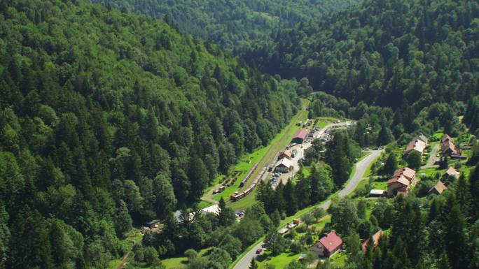 古老的旅游列车穿过比亚沃瓦森林和周围的田野。鸟瞰图