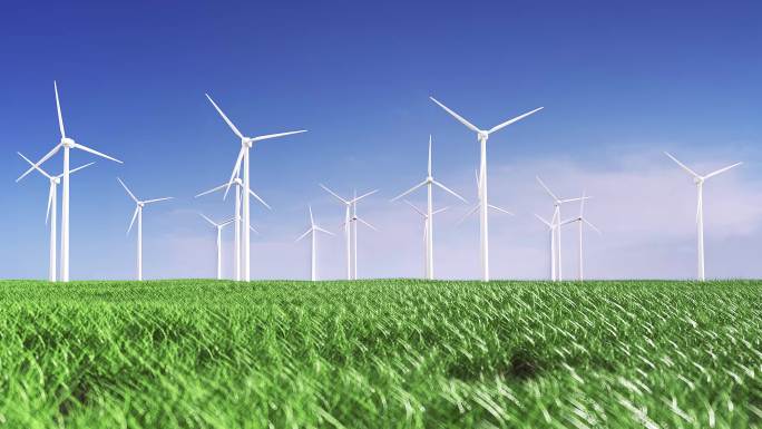 蓝天下草原上风力发电场3D渲染新能源素材