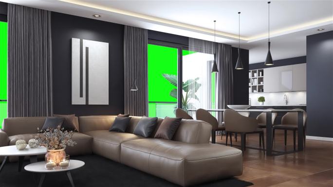 现代极简主义公寓室内设计。客厅，带厨房和餐厅。色度键。
