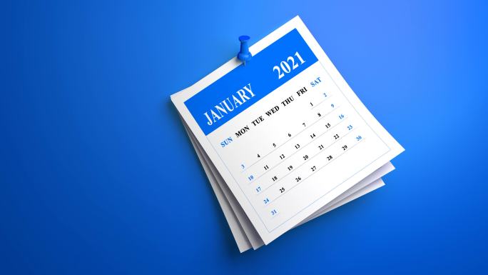 蓝色背景上的2021 1月日历