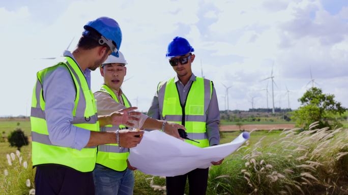 蓝领工人电气工程师团队和建筑师，负责山区风车场建设的咨询计划。景观设计使用风力涡轮机来产生纯能量。
