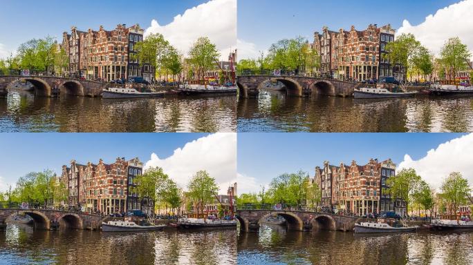 荷兰阿姆斯特丹，运河景观和阿姆斯特丹传统建筑