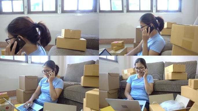 年轻的亚洲女性查看收件箱并使用电话从客户那里获取订单