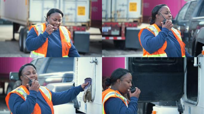 货运设施的女性卡车司机使用对讲机
